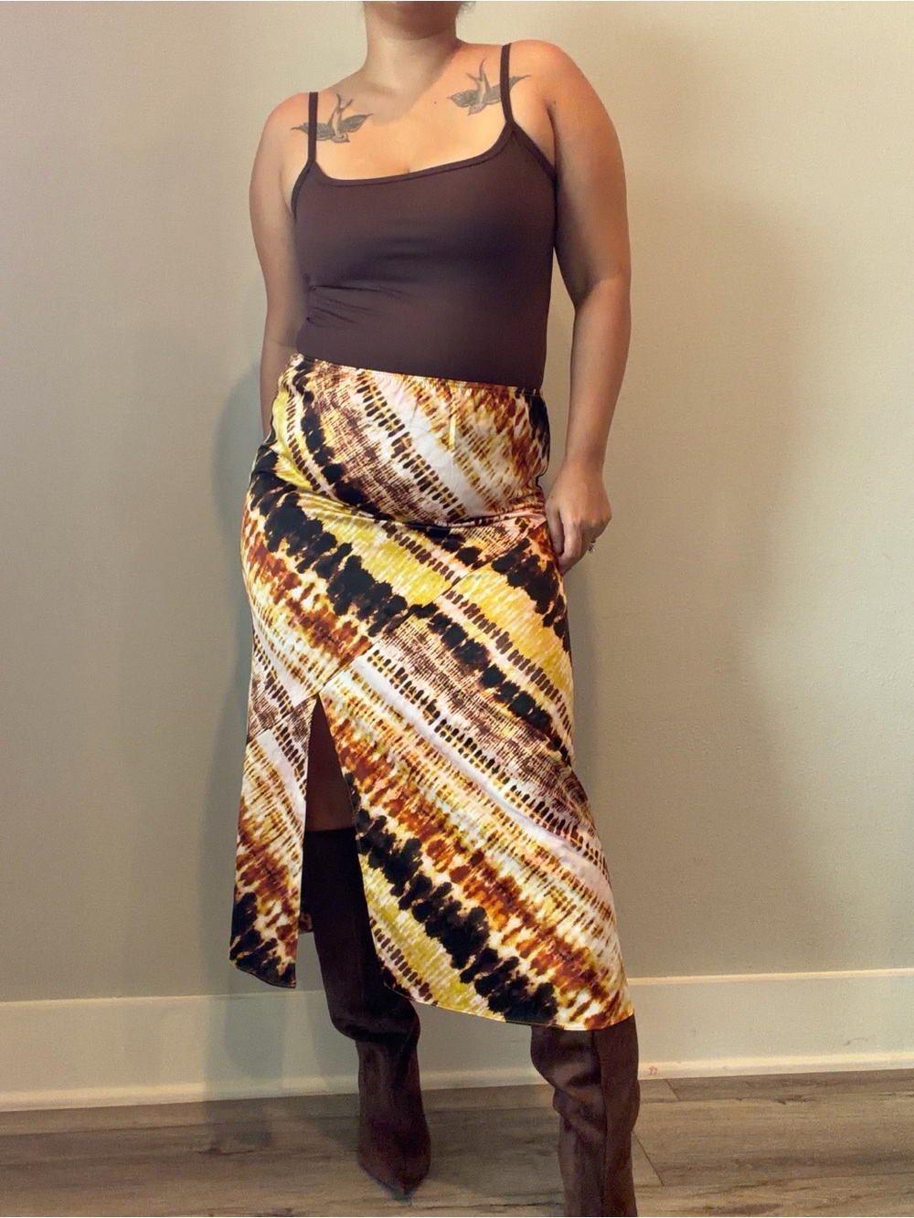 Marc New York Tie-Dye Midi Skirt with Front Slit - Yellow/Brown/Pink